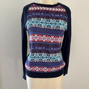 Chaps Fair Isle Crewneck Raglan Sweater Blue Pink Purple Aztec Geometric Small